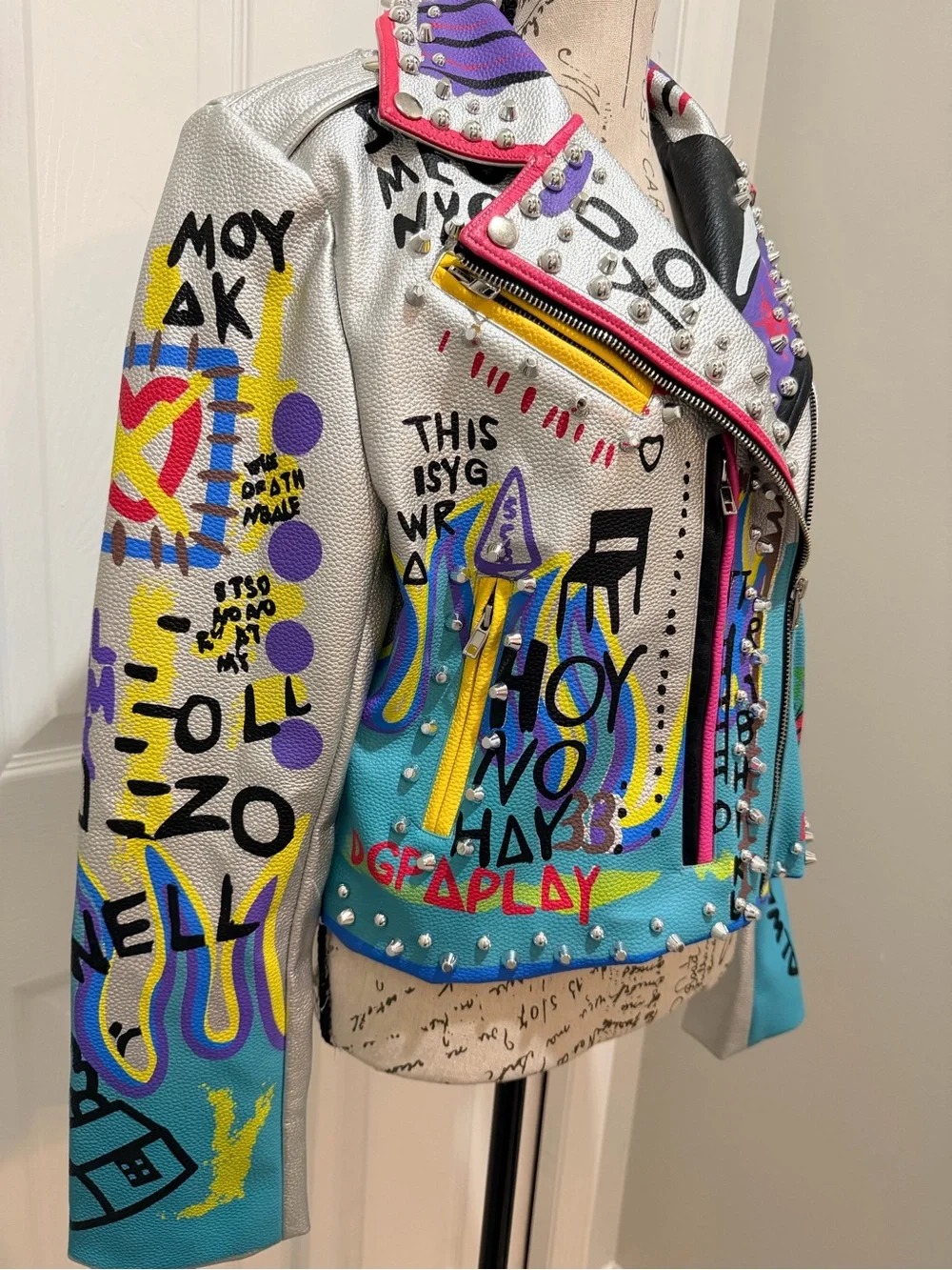 Azalea Wang Graffiti Silver Jacket Embellished Eagle Rose Statement Piece